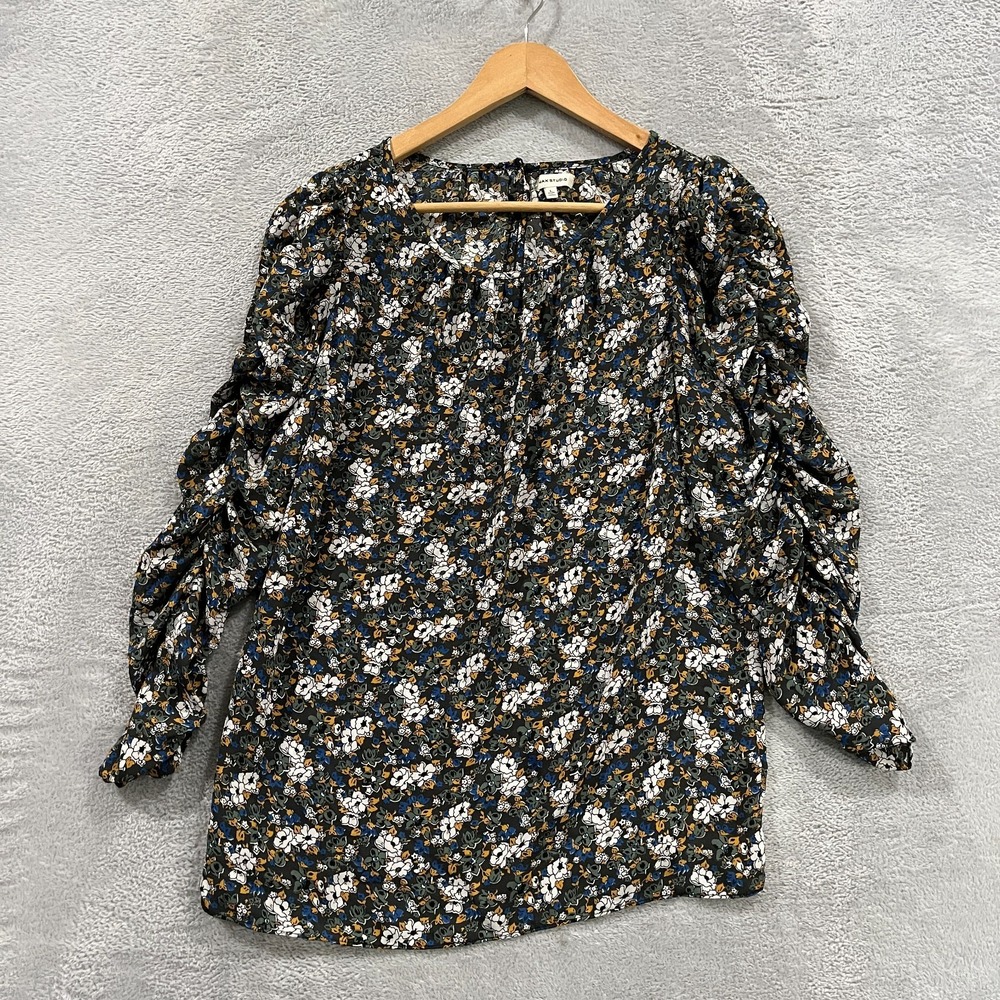 Max Studio Blouse Top Womens L Multi Floral Stretch Ruched Sleeve Keyhole Back